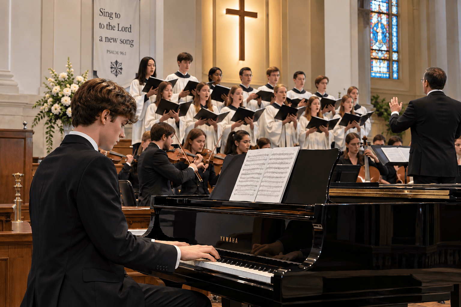 A young pianist accompanying a choir and orchestra during a church service