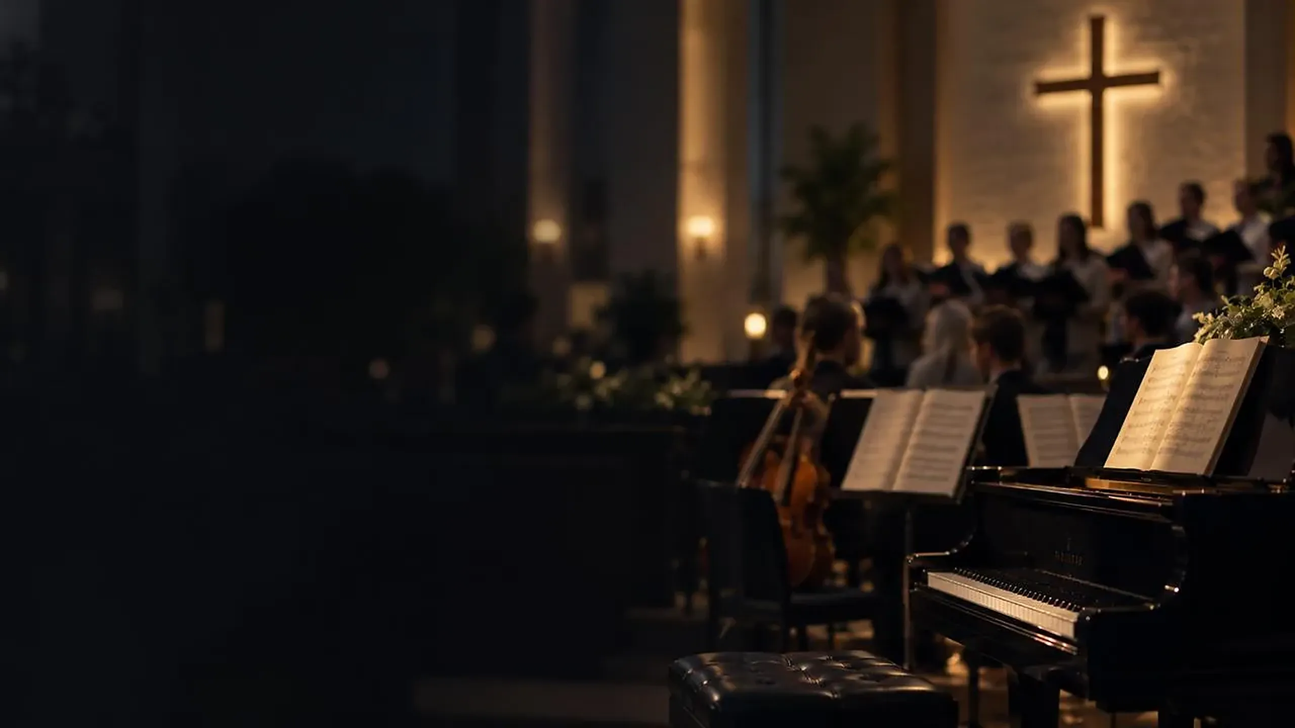 A grand piano, cello and choir during a church service