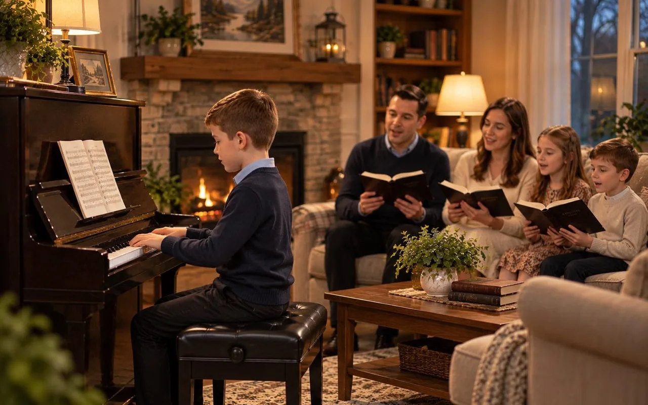 A boy accompanying his family singing at the piano at home