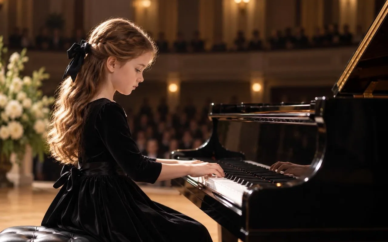 A young pianist performing on a concert grand piano