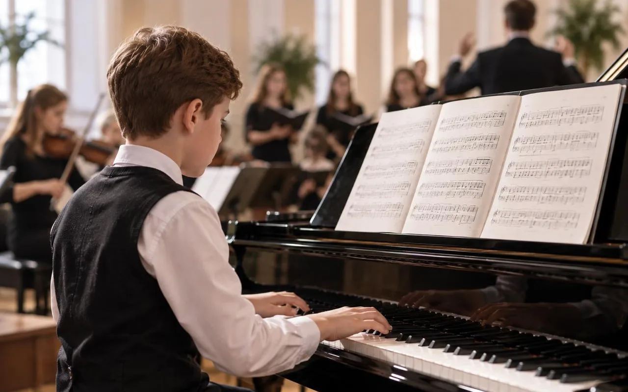 A student reading a score at the piano with an orchestra and choir